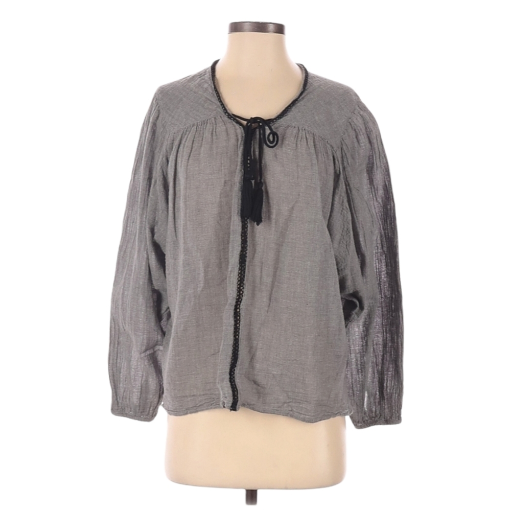 Zara Trafaluc Long Sleeve Gray Blouse Size S Long Sleeve Keyhole Tie Lightweight